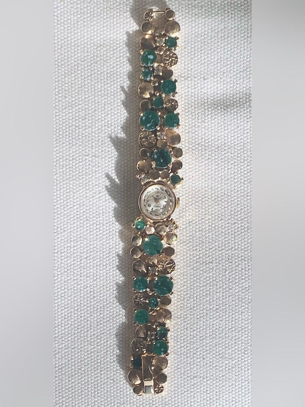 Vtg Kingston 17-Jewel Mechanical Cocktail WatchGold Plated Gilt Green Cabochon